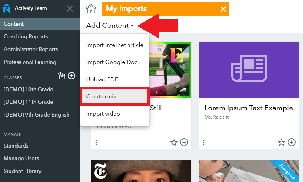 Create quizzes Actively Learn